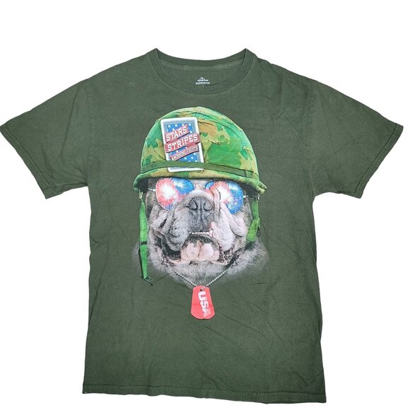 Celebrate Patriotic USA bulldog Graphic TShirt 100% Cotton Army Green military S - Picture 1 of 4